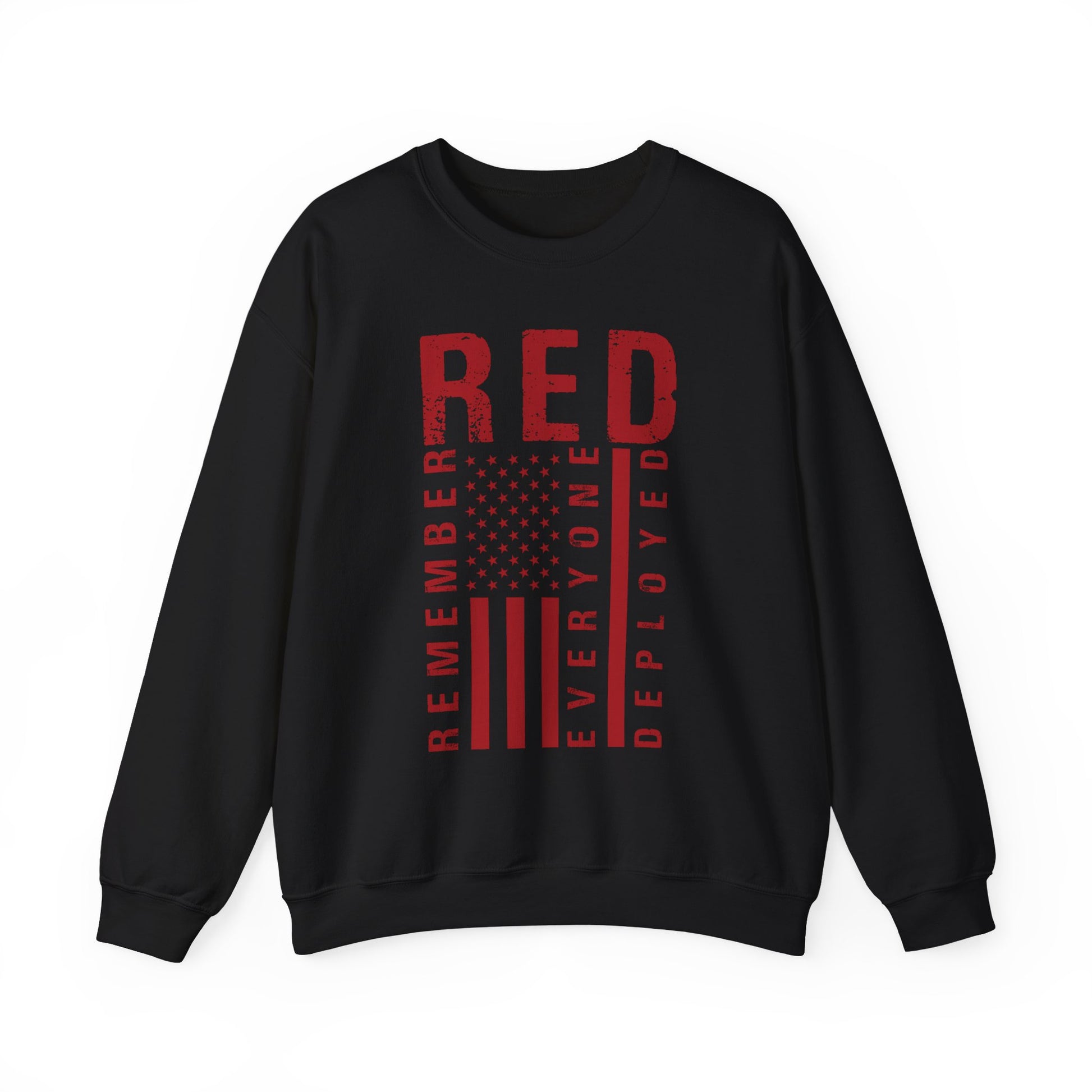 Black RED remember everyone deployed sweatshirt with distressed American flag print, front view