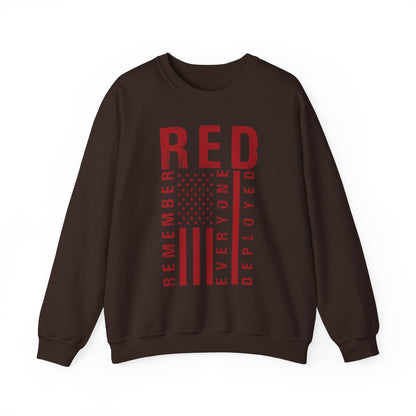 Dark chocolate RED remember everyone deployed sweatshirt with distressed flag print, front view