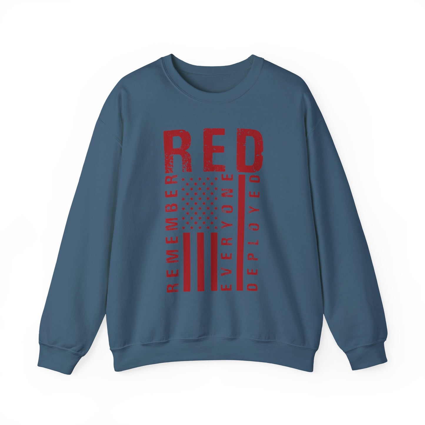 Indigo blue RED remember everyone deployed sweatshirt with distressed flag print, front view