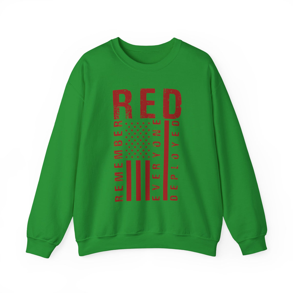 Irish green RED remember everyone deployed sweatshirt with distressed flag print, front view
