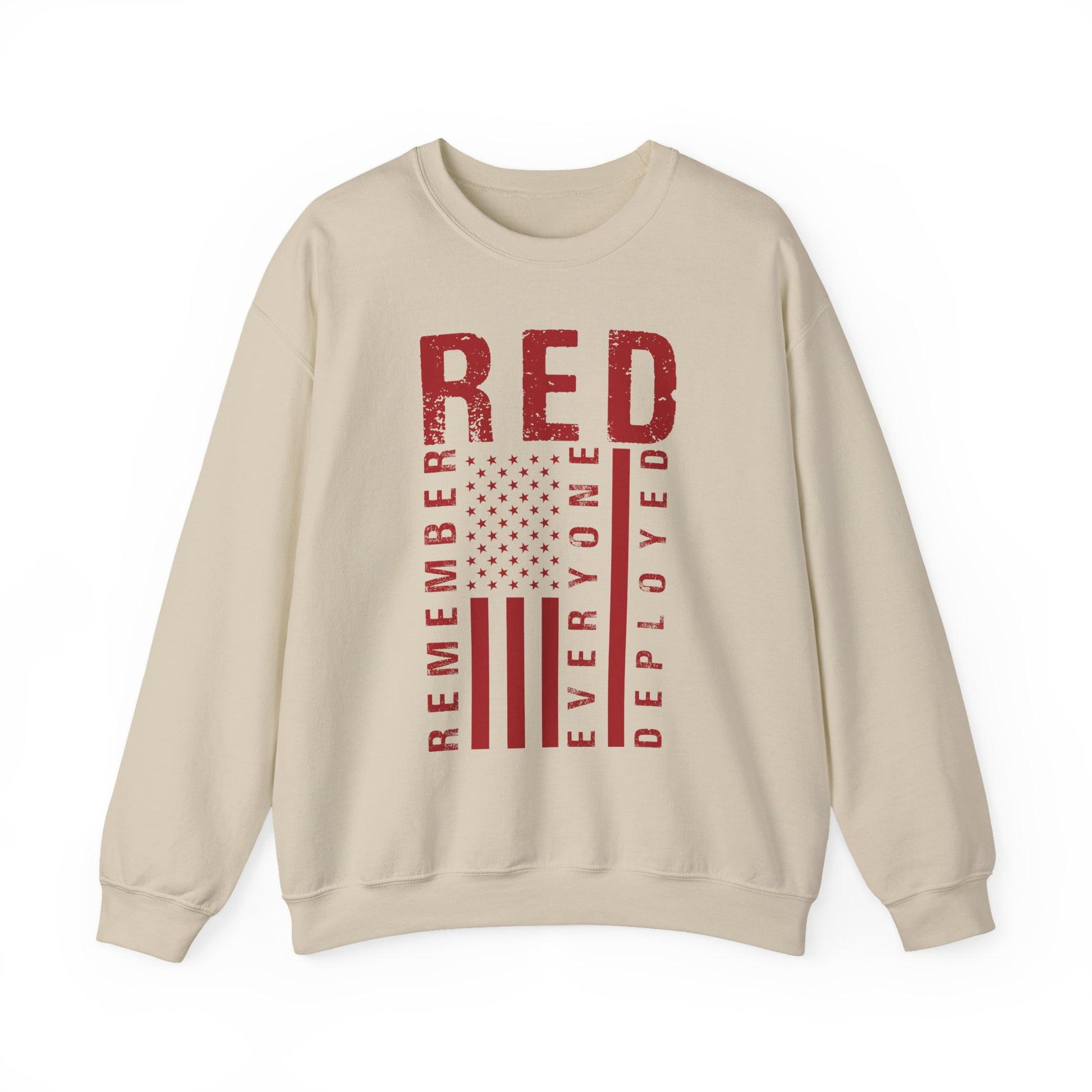 Sand RED remember everyone deployed sweatshirt with distressed American flag print, front view