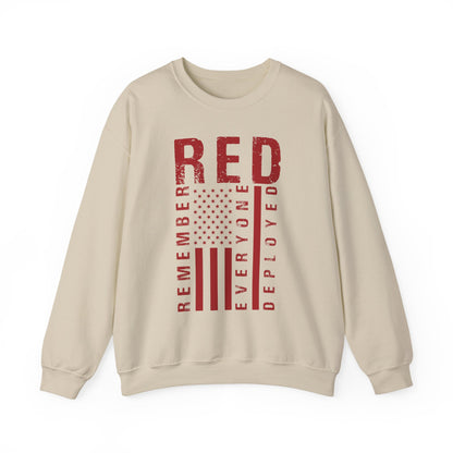 Sand RED remember everyone deployed sweatshirt with distressed American flag print, front view