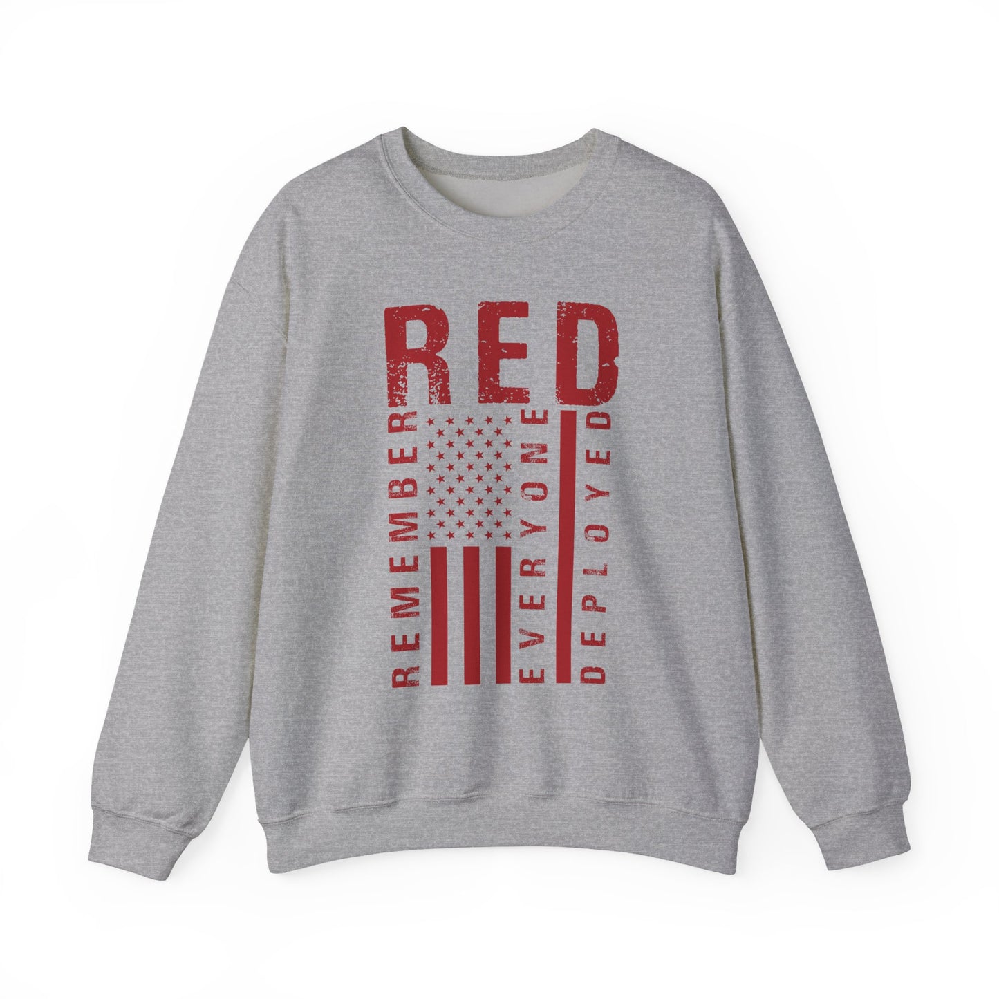 Sport grey RED remember everyone deployed sweatshirt with distressed flag print, front view