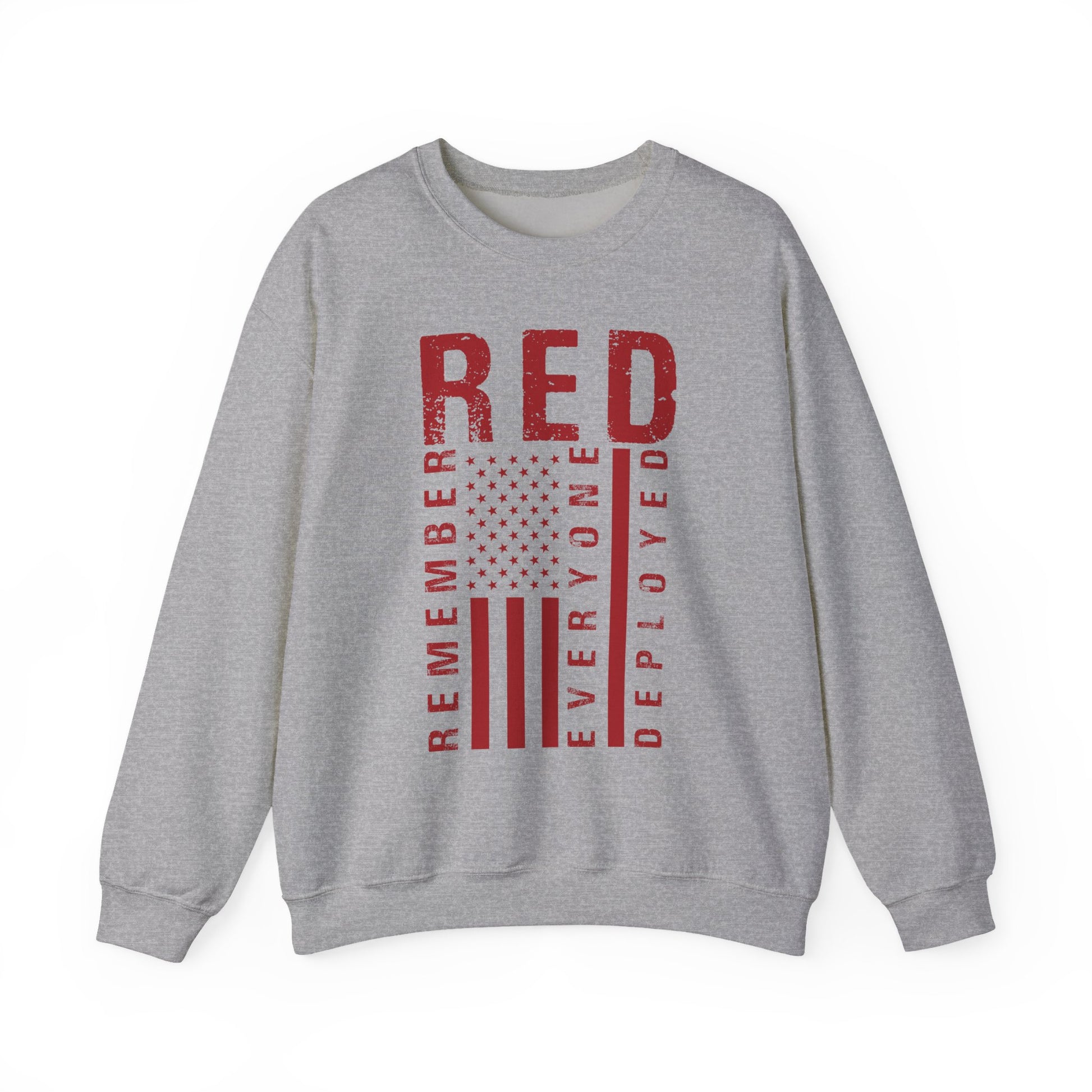 Sport grey RED remember everyone deployed sweatshirt with distressed flag print, front view