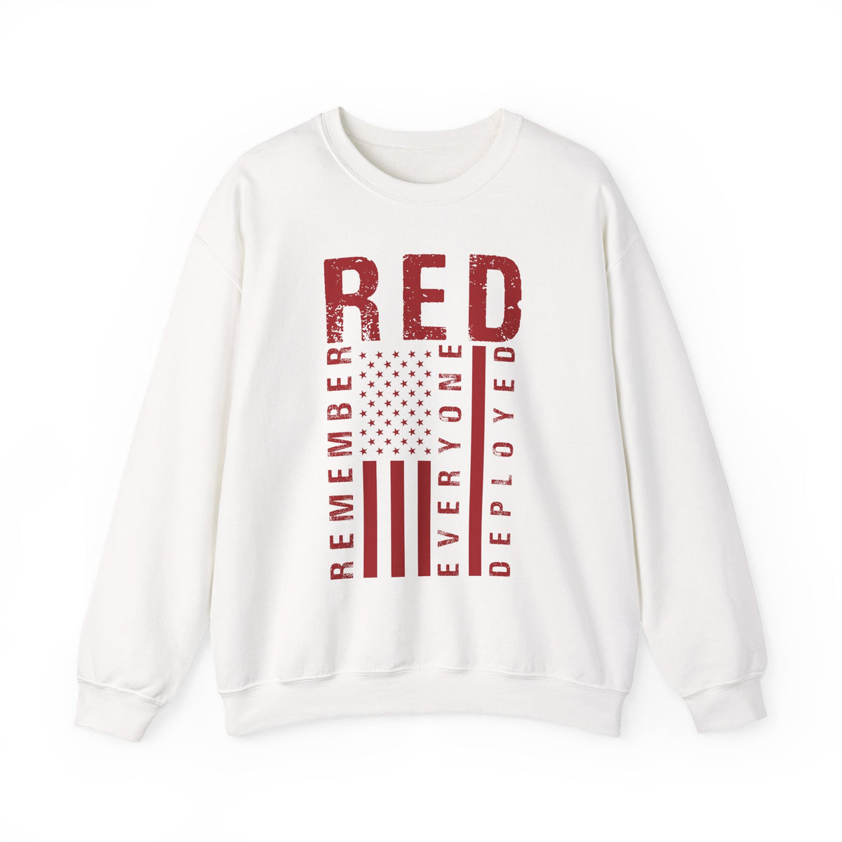 White RED remember everyone deployed sweatshirt with distressed American flag print, front view