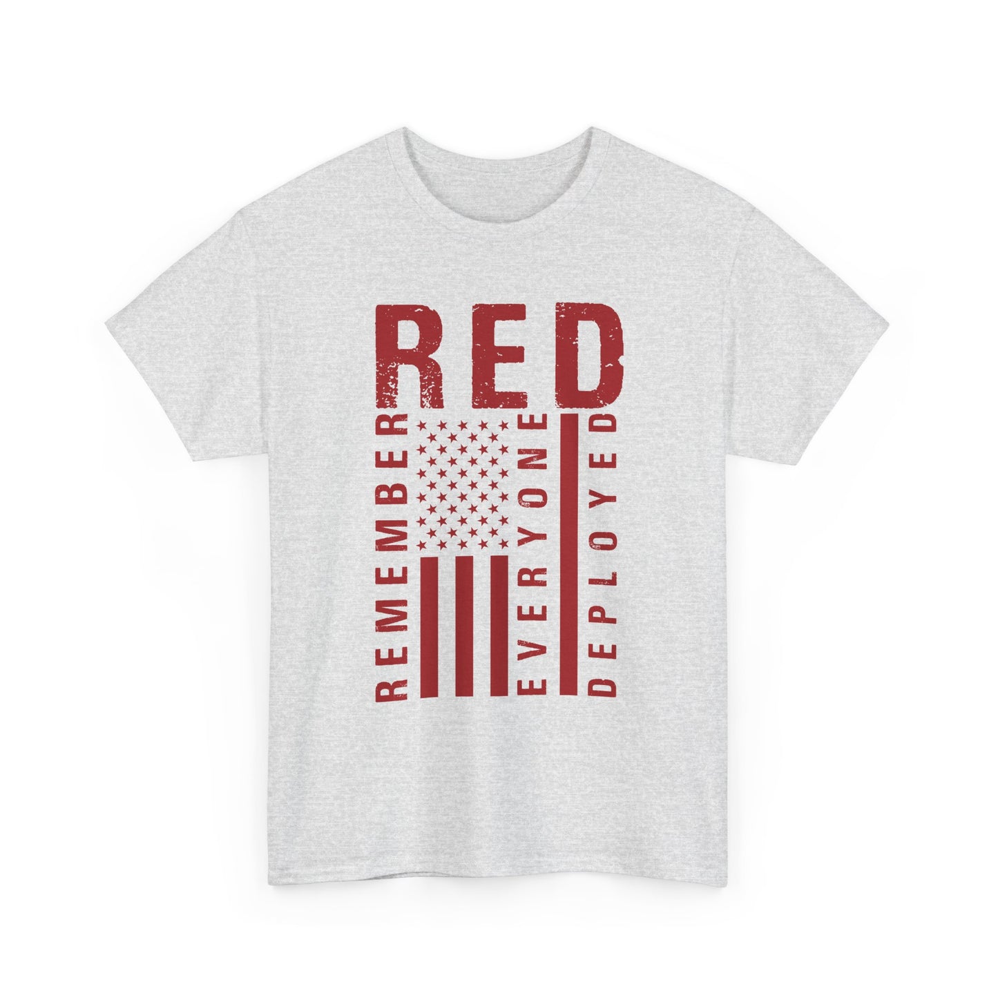 Ash RED remember everyone deployed t-shirt with distressed American flag print, front view