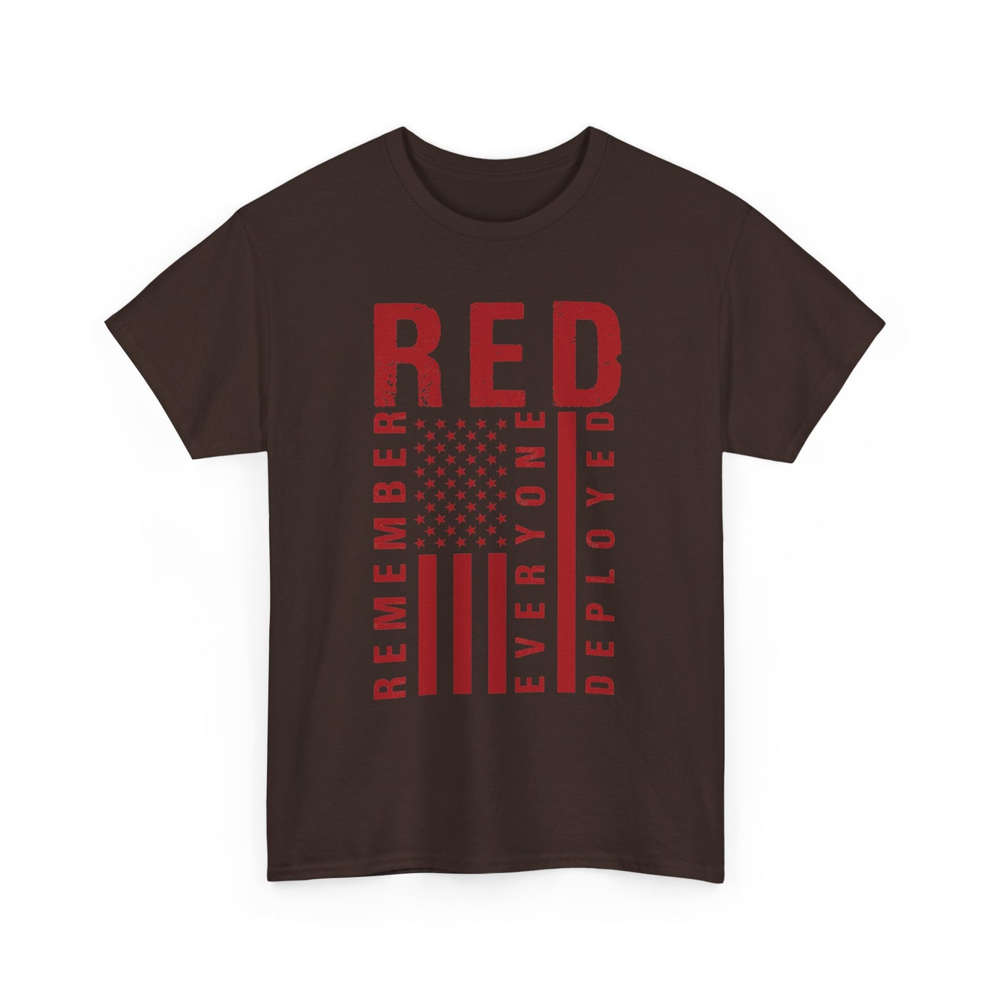 Dark chocolate RED remember everyone deployed t-shirt with distressed flag print, front view