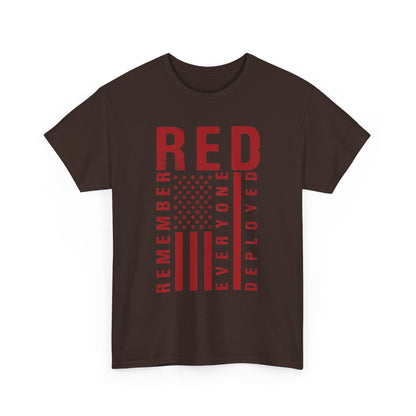 Dark chocolate RED remember everyone deployed t-shirt with distressed flag print, front view