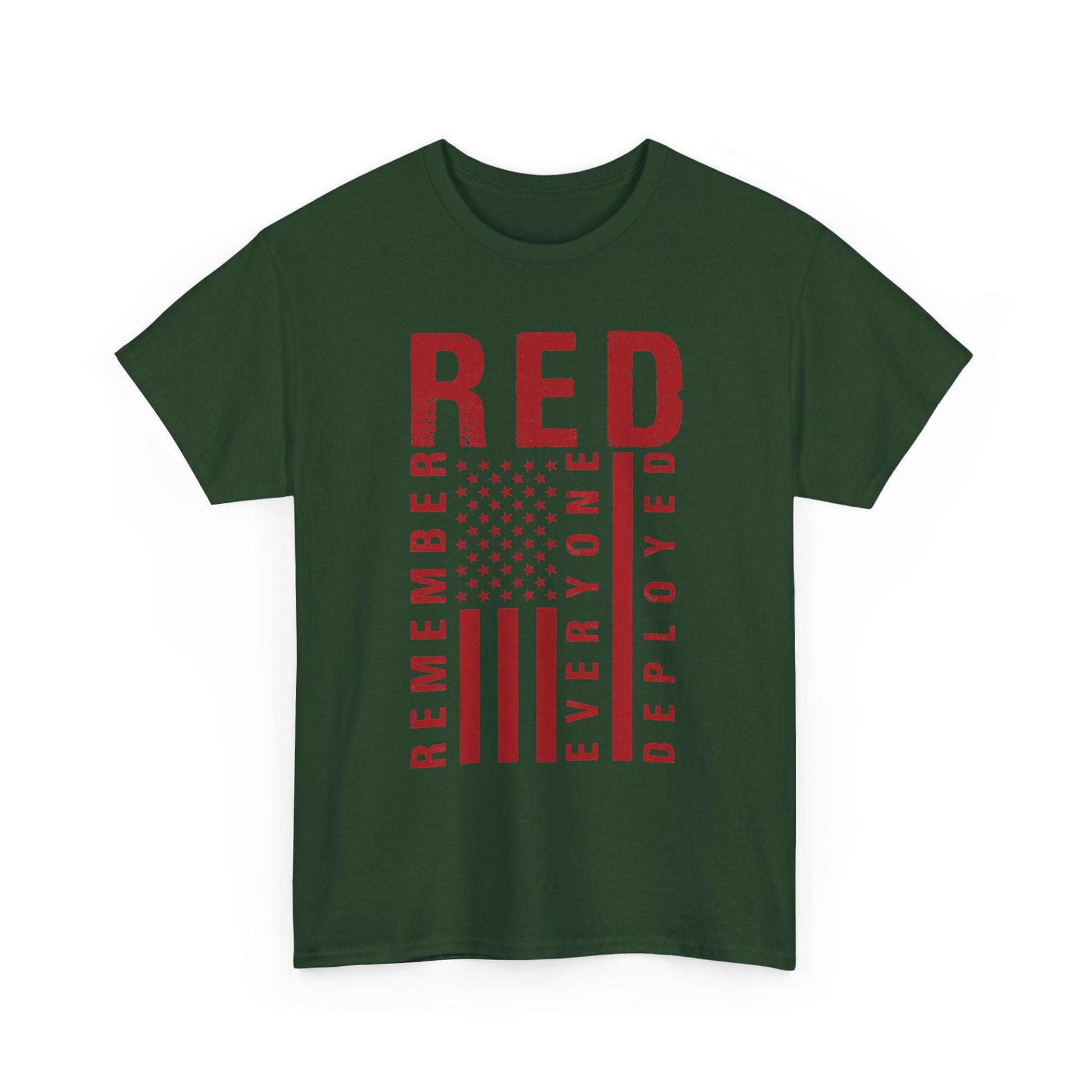 Forest green RED remember everyone deployed t-shirt with distressed flag print, front view