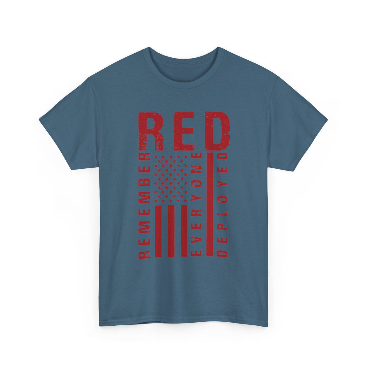 Indigo blue RED remember everyone deployed t-shirt with distressed flag print, front view