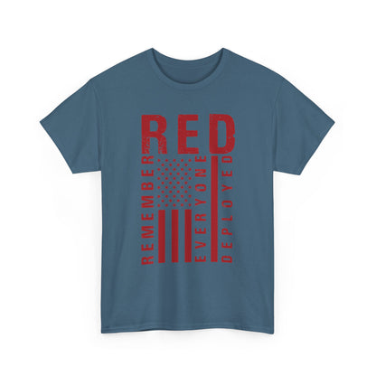 Indigo blue RED remember everyone deployed t-shirt with distressed flag print, front view