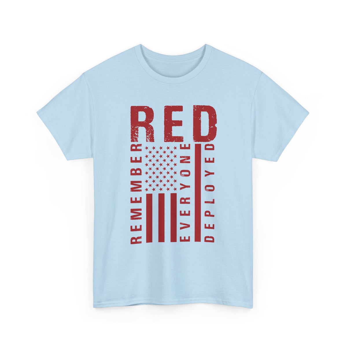 Light blue RED remember everyone deployed t-shirt with distressed American flag print, front view