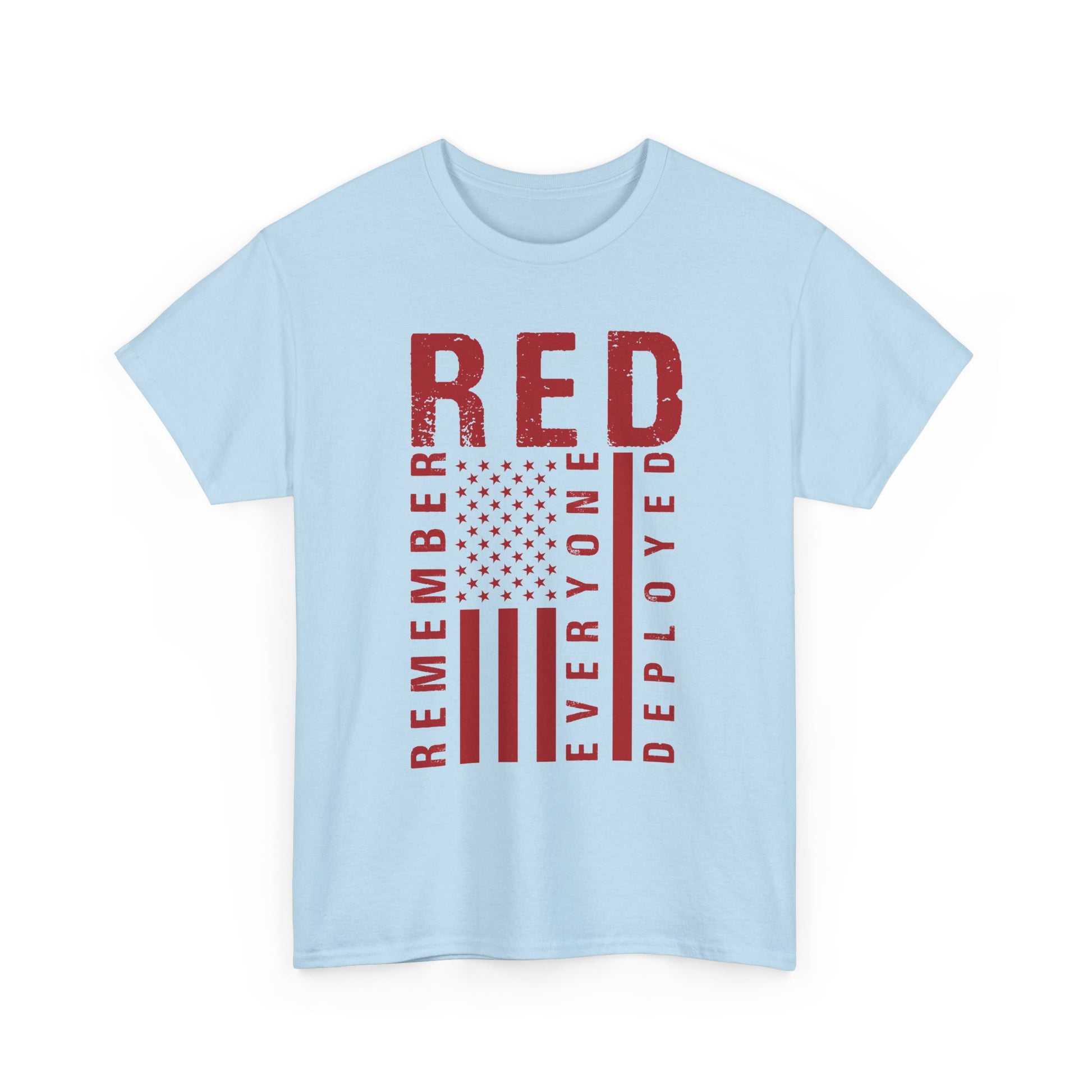 Light blue RED remember everyone deployed t-shirt with distressed American flag print, front view
