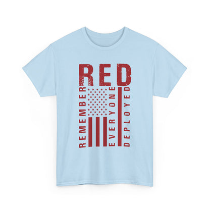 Light blue RED remember everyone deployed t-shirt with distressed American flag print, front view