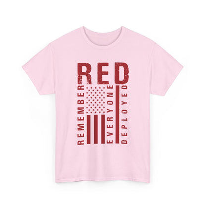 Light pink RED remember everyone deployed t-shirt with distressed American flag print, front view