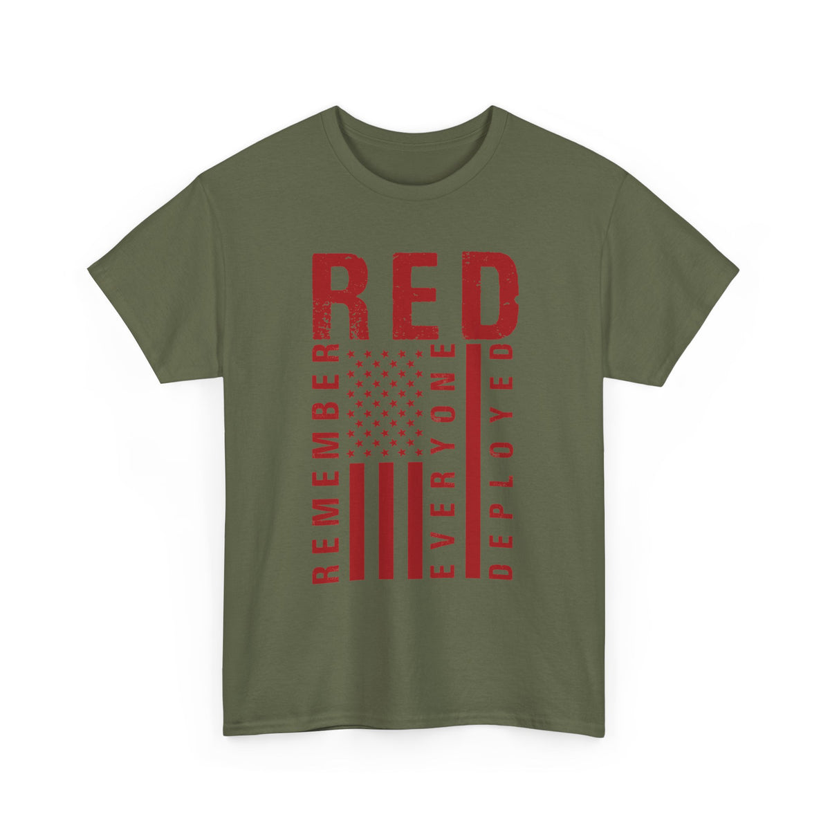 Military green RED remember everyone deployed t-shirt with distressed flag print, front view