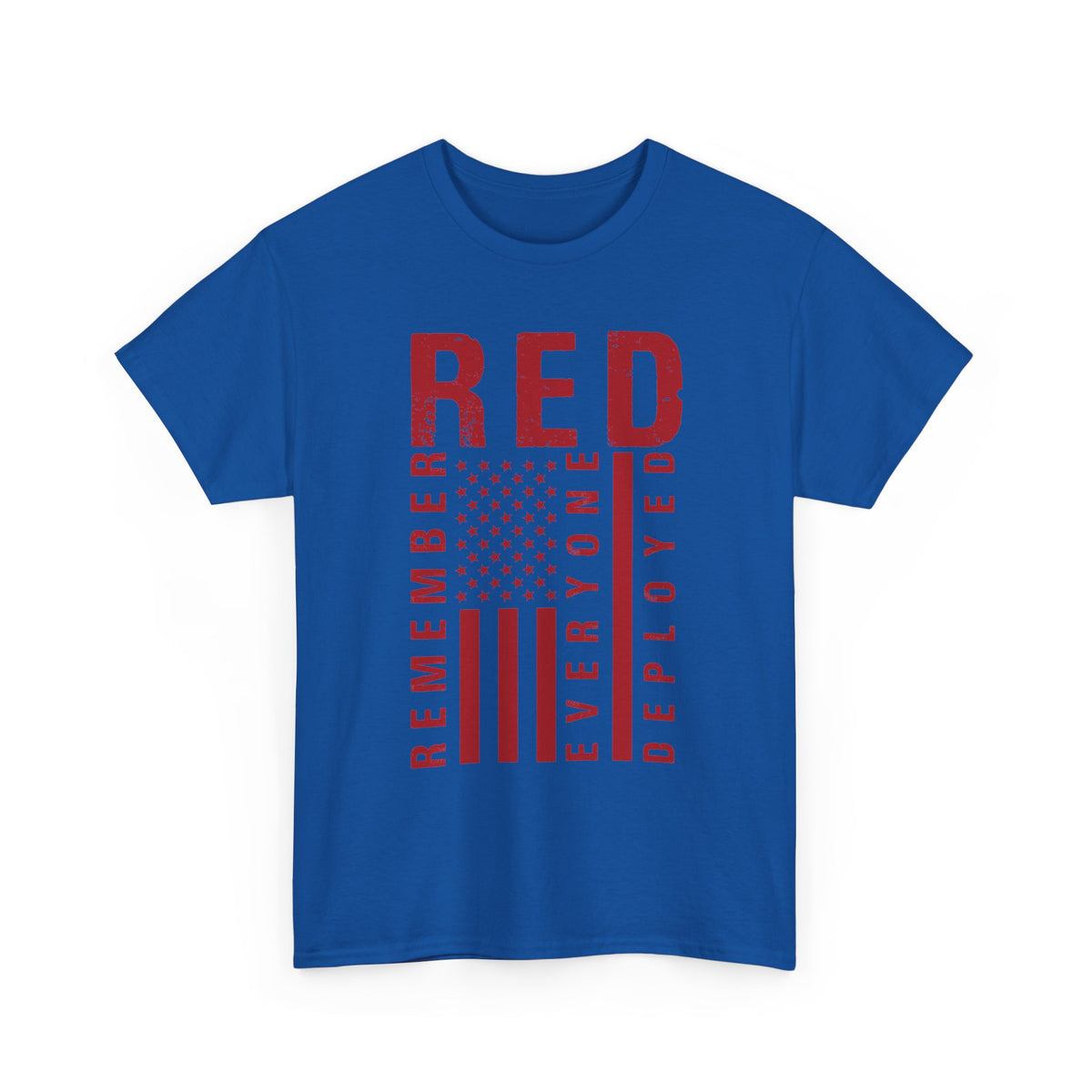 Royal blue RED remember everyone deployed t-shirt with distressed flag print, front view