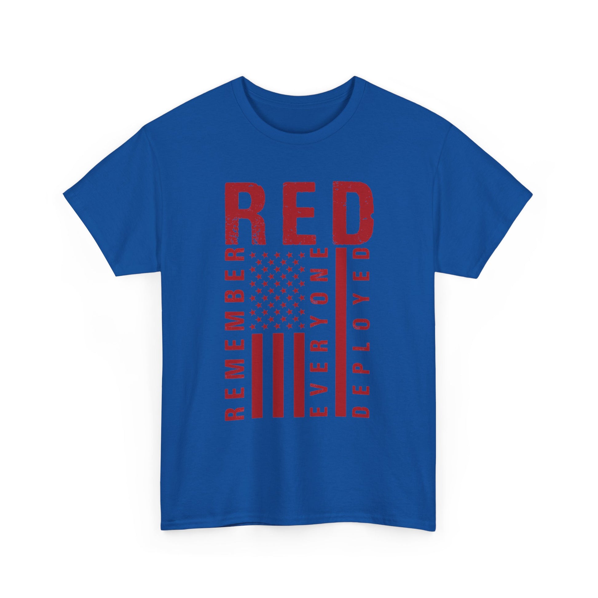 Royal blue RED remember everyone deployed t-shirt with distressed flag print, front view
