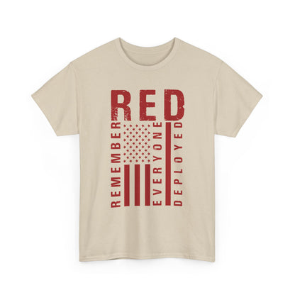 Sand RED remember everyone deployed t-shirt with distressed American flag print, front view