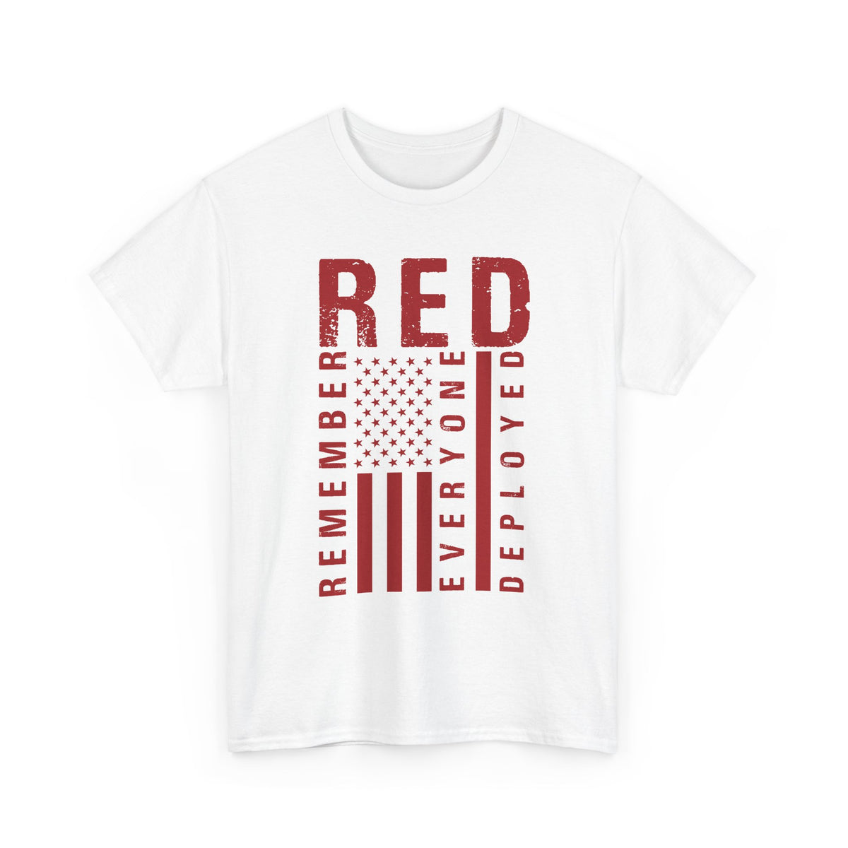 White RED remember everyone deployed t-shirt with distressed American flag print, front view