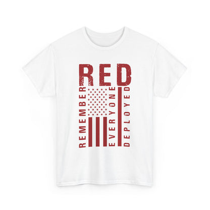 White RED remember everyone deployed t-shirt with distressed American flag print, front view