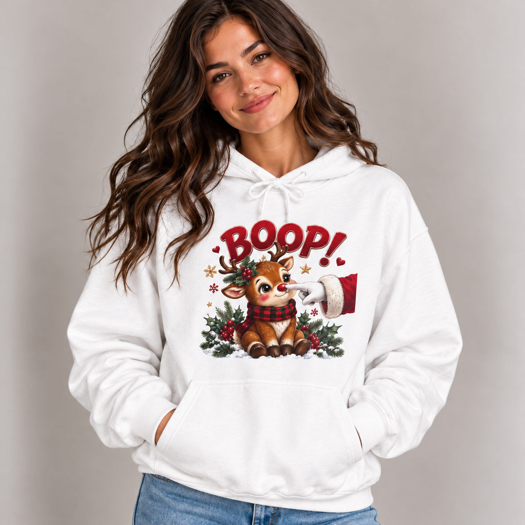 Woman wearing the White Reindeer Boop Christmas Hoodie with jeans