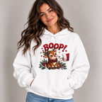 Woman wearing the White Reindeer Boop Christmas Hoodie with jeans