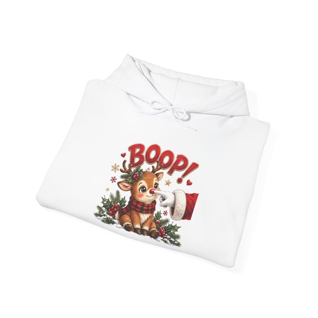 Reindeer Boop Christmas Hoodie, folded