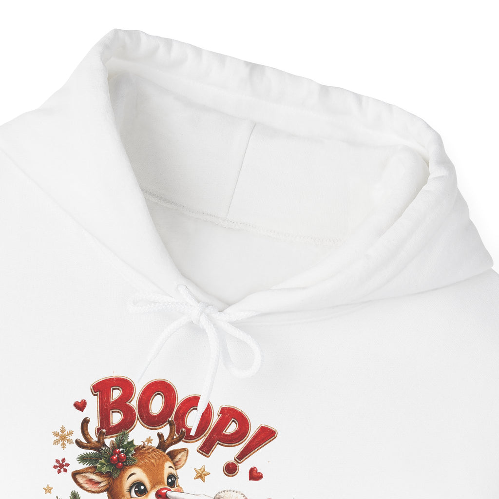 Reindeer Boop Christmas Hoodie, front collar close-up