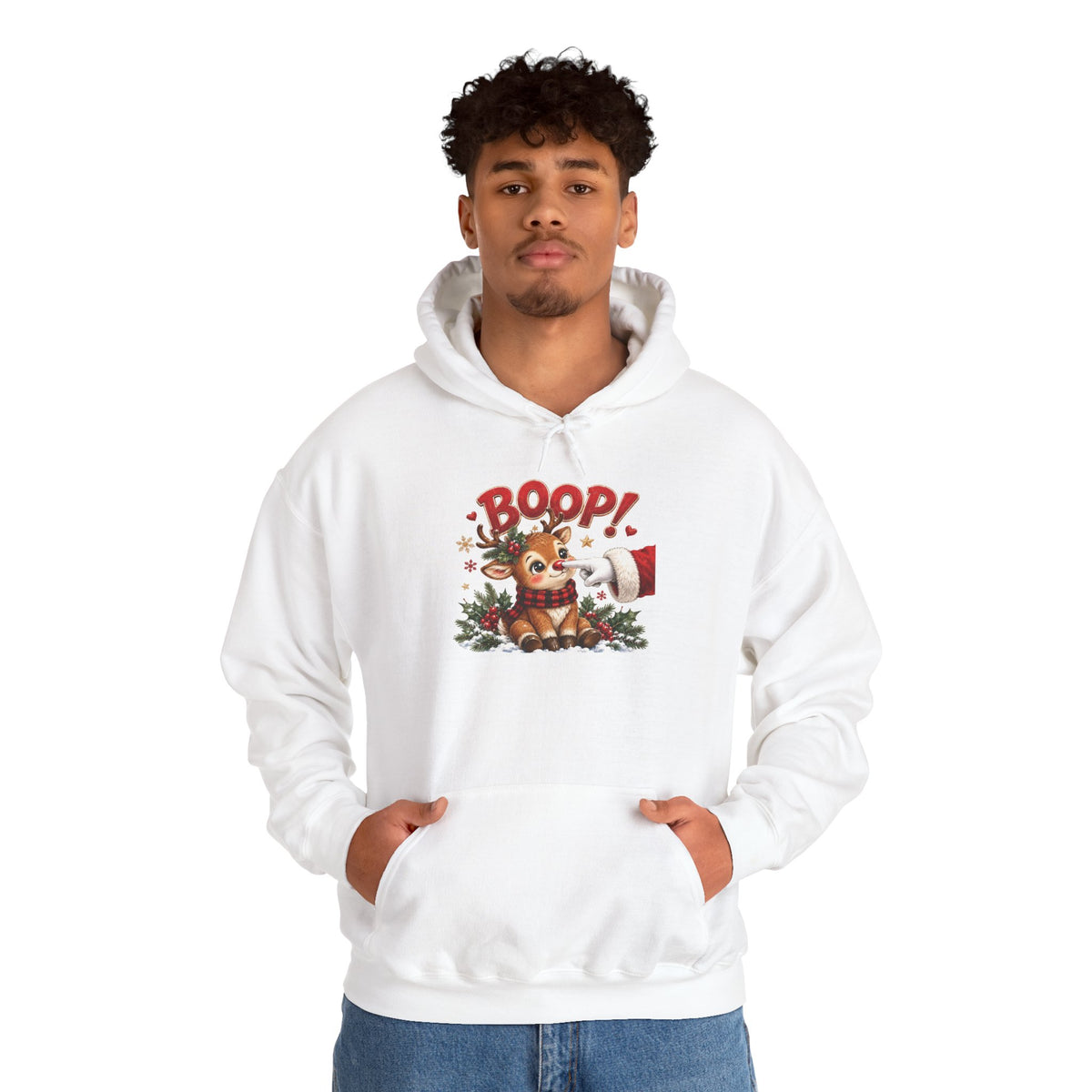 Model wearing the white Reindeer Boop Christmas Hoodie