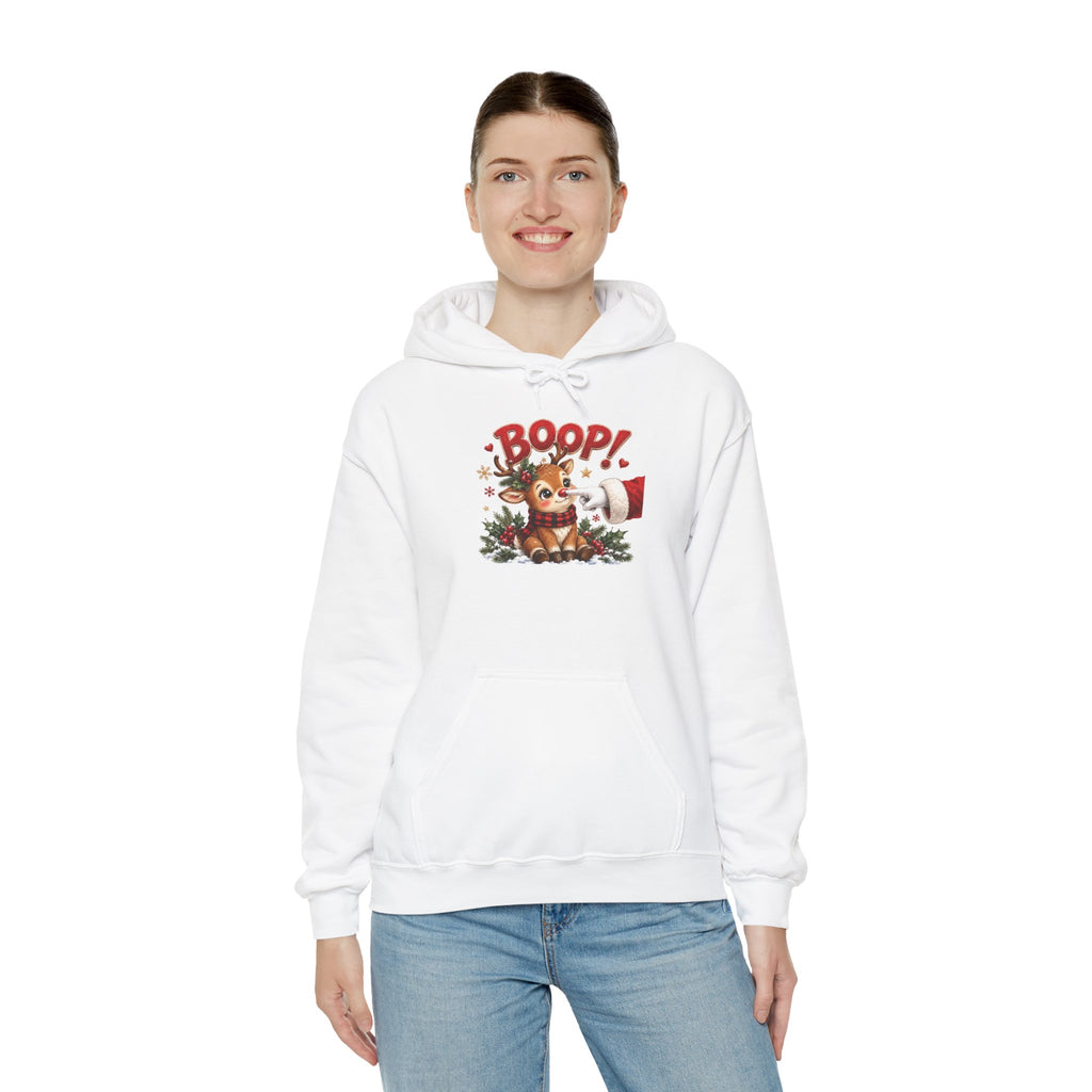 Model wearing the white Reindeer Boop Christmas Hoodie