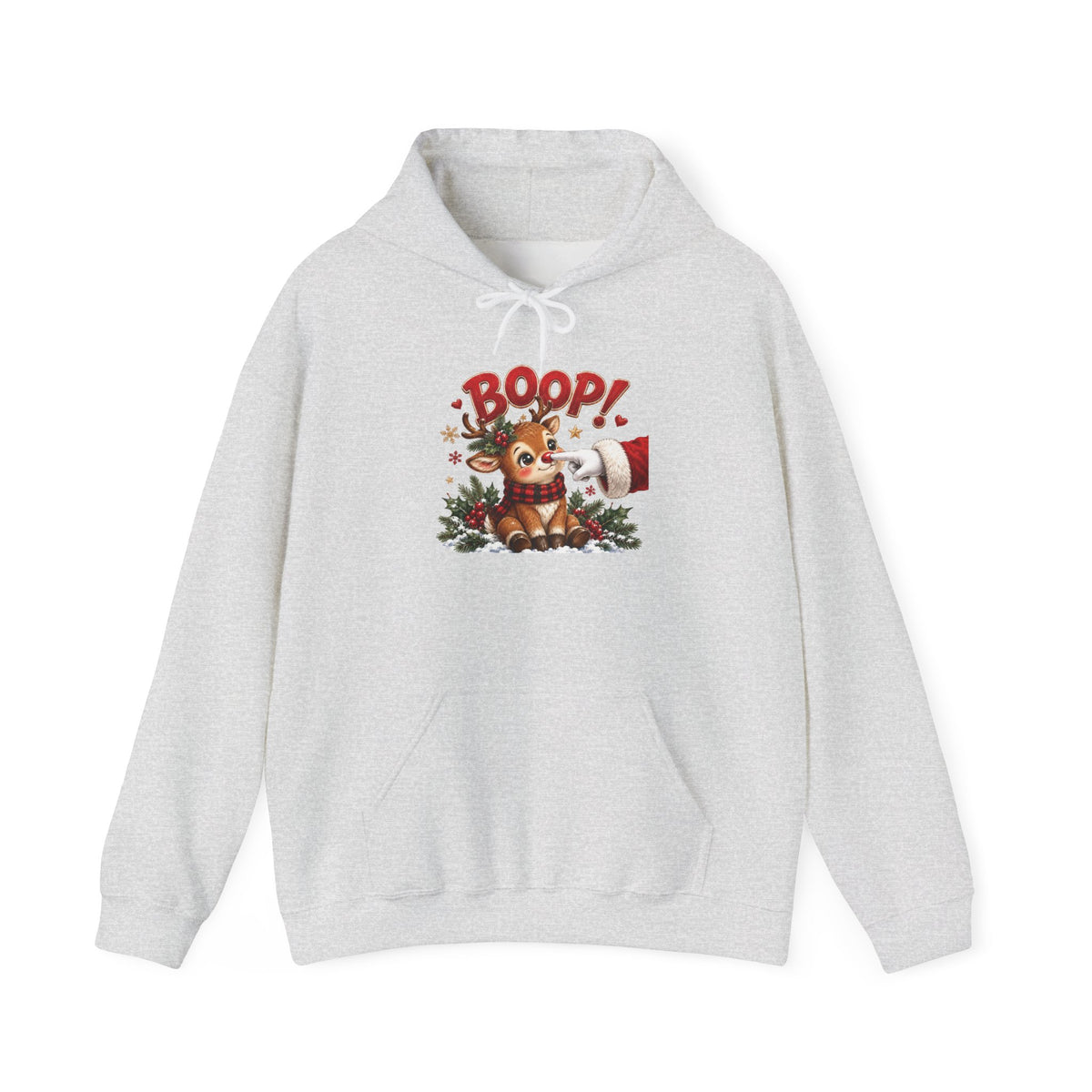 Ash Reindeer Boop Christmas hoodie with Santa booping the red nose of a cute baby reindeer, front view