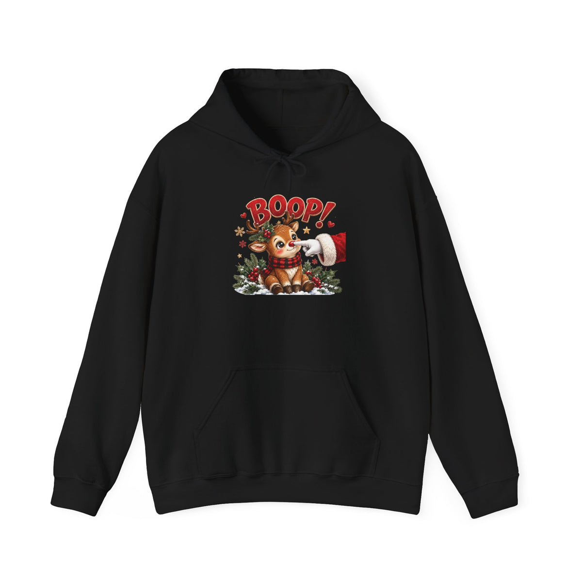 Black Reindeer Boop Christmas hoodie with Santa booping the red nose of a cute baby reindeer, front view