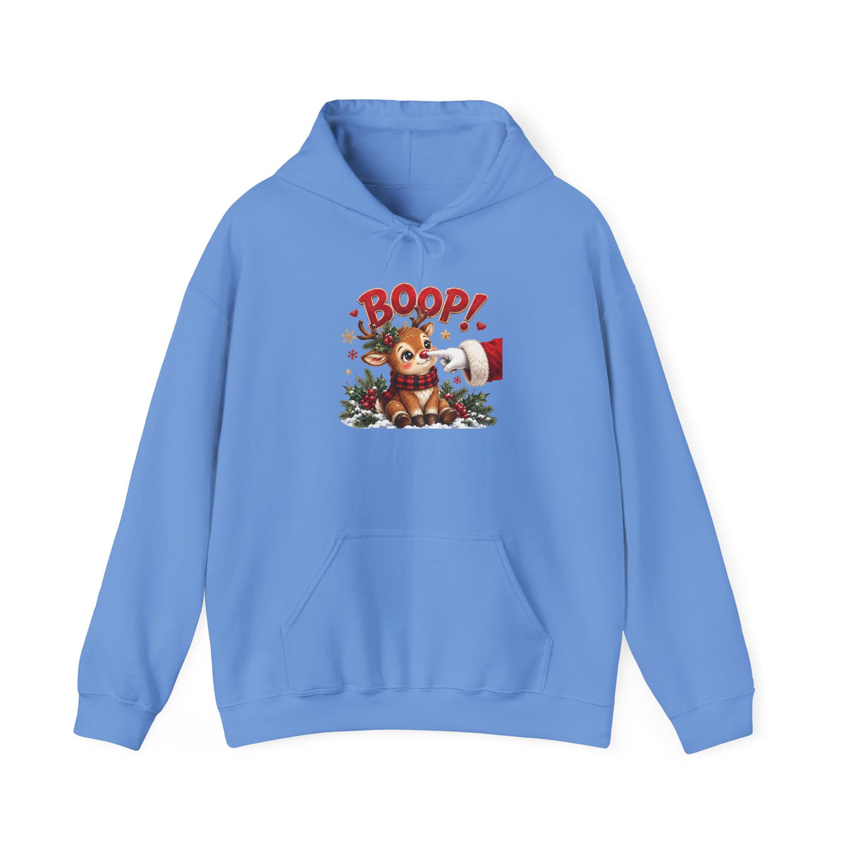 Carolina Blue Reindeer Boop Christmas hoodie with Santa booping the red nose of a cute baby reindeer, front view