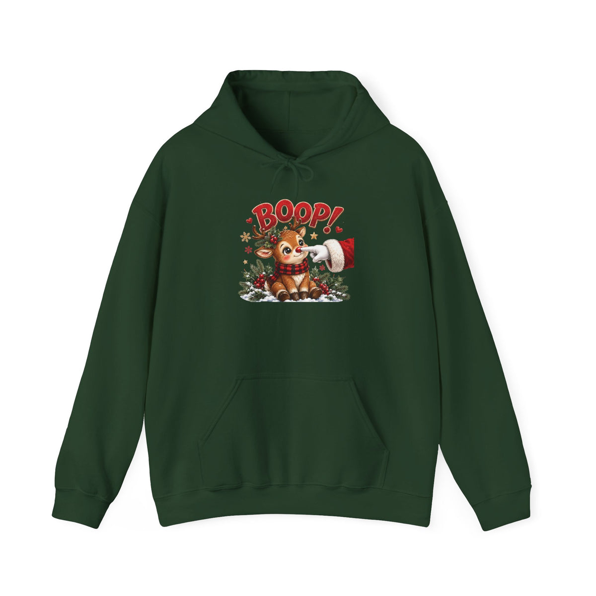 Forest Green Reindeer Boop Christmas hoodie with Santa booping the red nose of a cute baby reindeer, front view