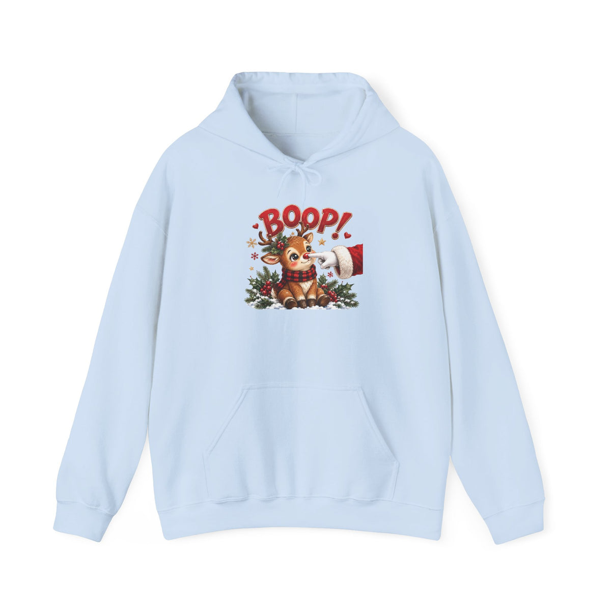 Light Blue Reindeer Boop Christmas hoodie with Santa booping the red nose of a cute baby reindeer, front view