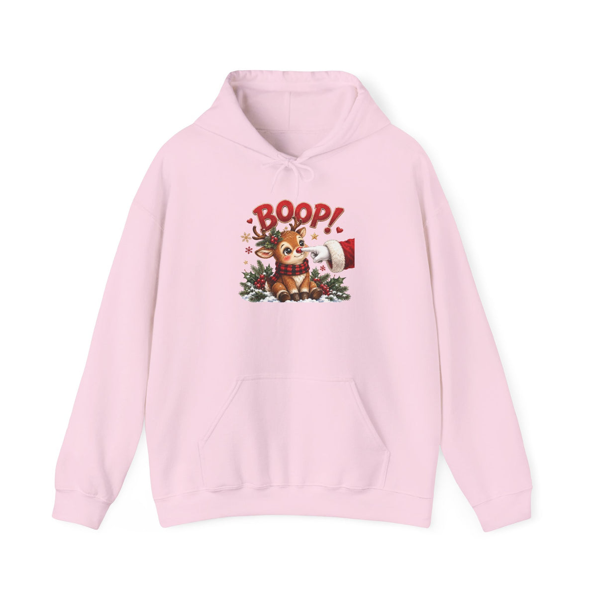 Light Pink Reindeer Boop Christmas hoodie with Santa booping the red nose of a cute baby reindeer, front view