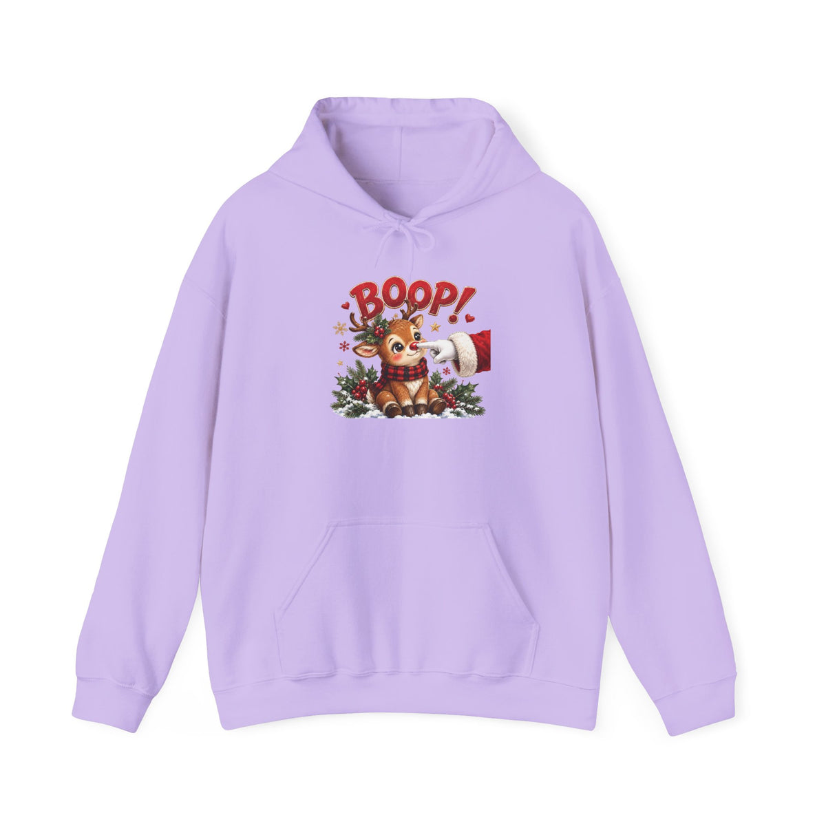 Orchid Reindeer Boop Christmas hoodie with Santa booping the red nose of a cute baby reindeer, front view