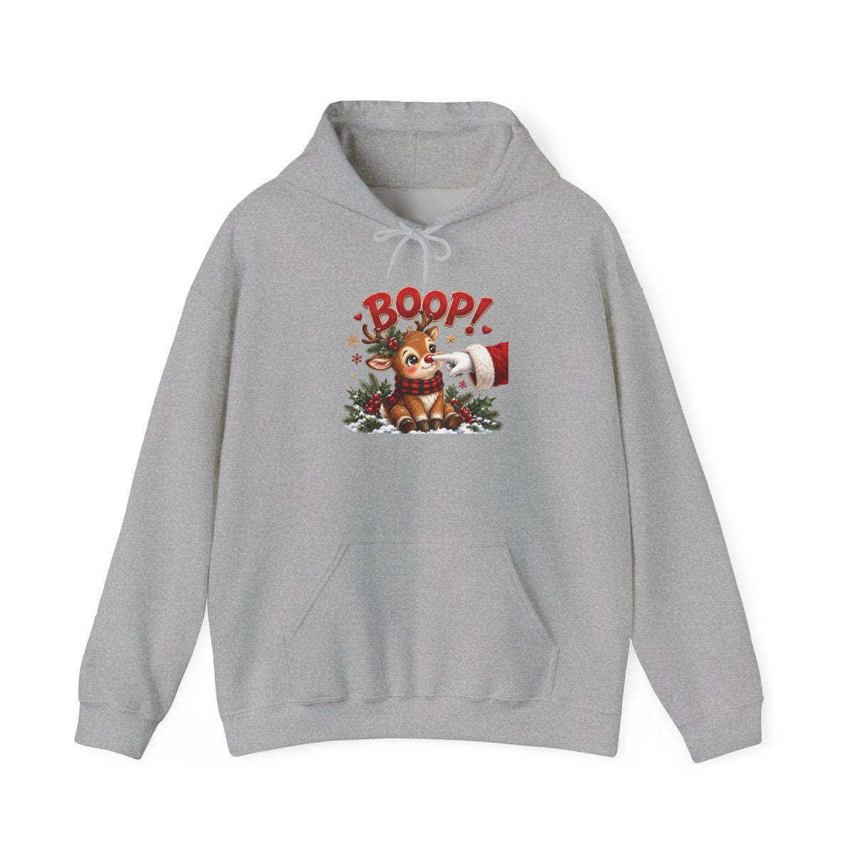 Sport Grey Reindeer Boop Christmas hoodie with Santa booping the red nose of a cute baby reindeer, front view