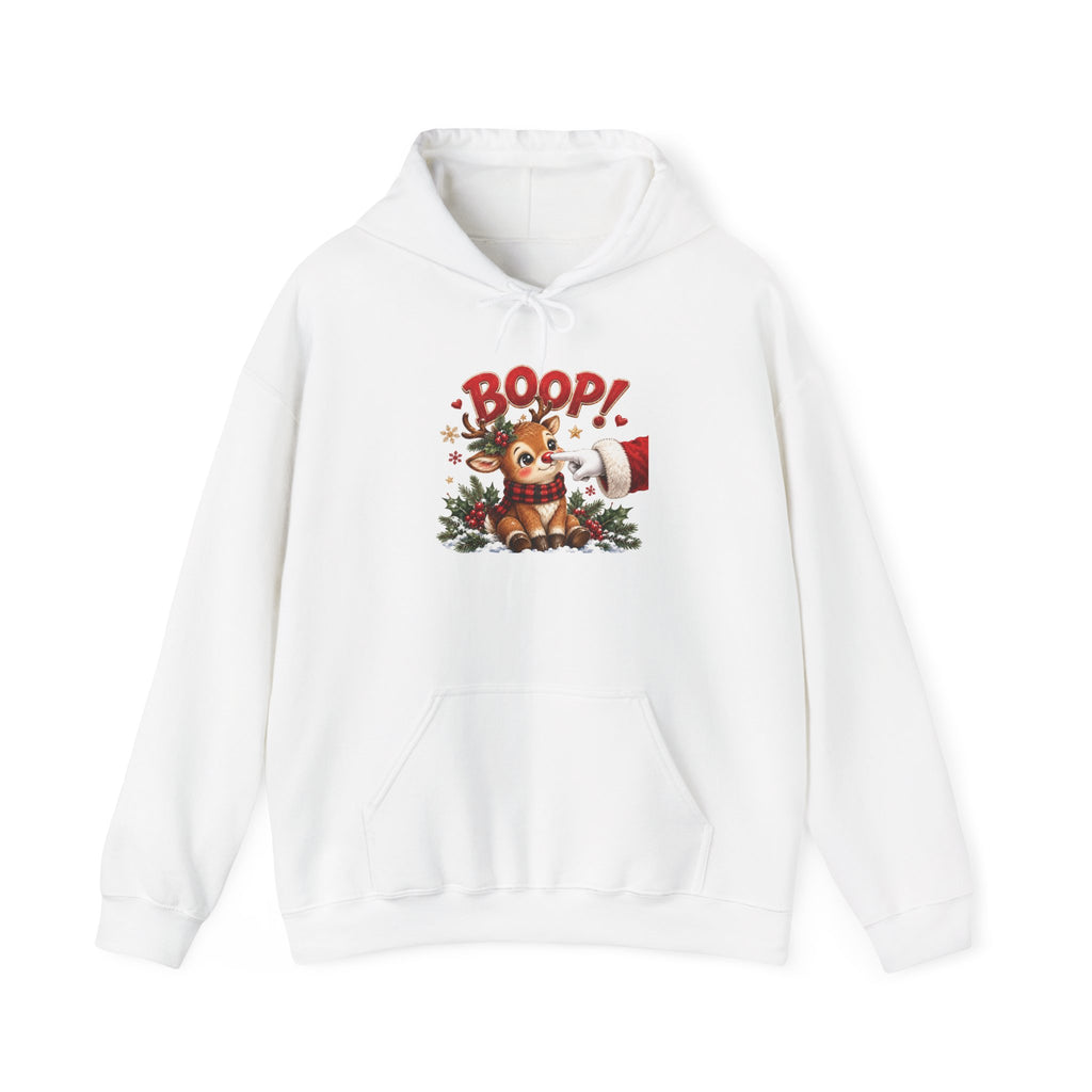 White Reindeer Boop Christmas hoodie with Santa booping the red nose of a cute baby reindeer, front view