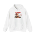 White Reindeer Boop Christmas hoodie with Santa booping the red nose of a cute baby reindeer, front view