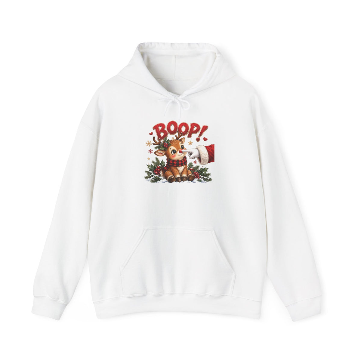 White Reindeer Boop Christmas hoodie with Santa booping the red nose of a cute baby reindeer, front view