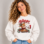 Woman wearing the White Reindeer Boop Christmas Sweatshirt with jeans
