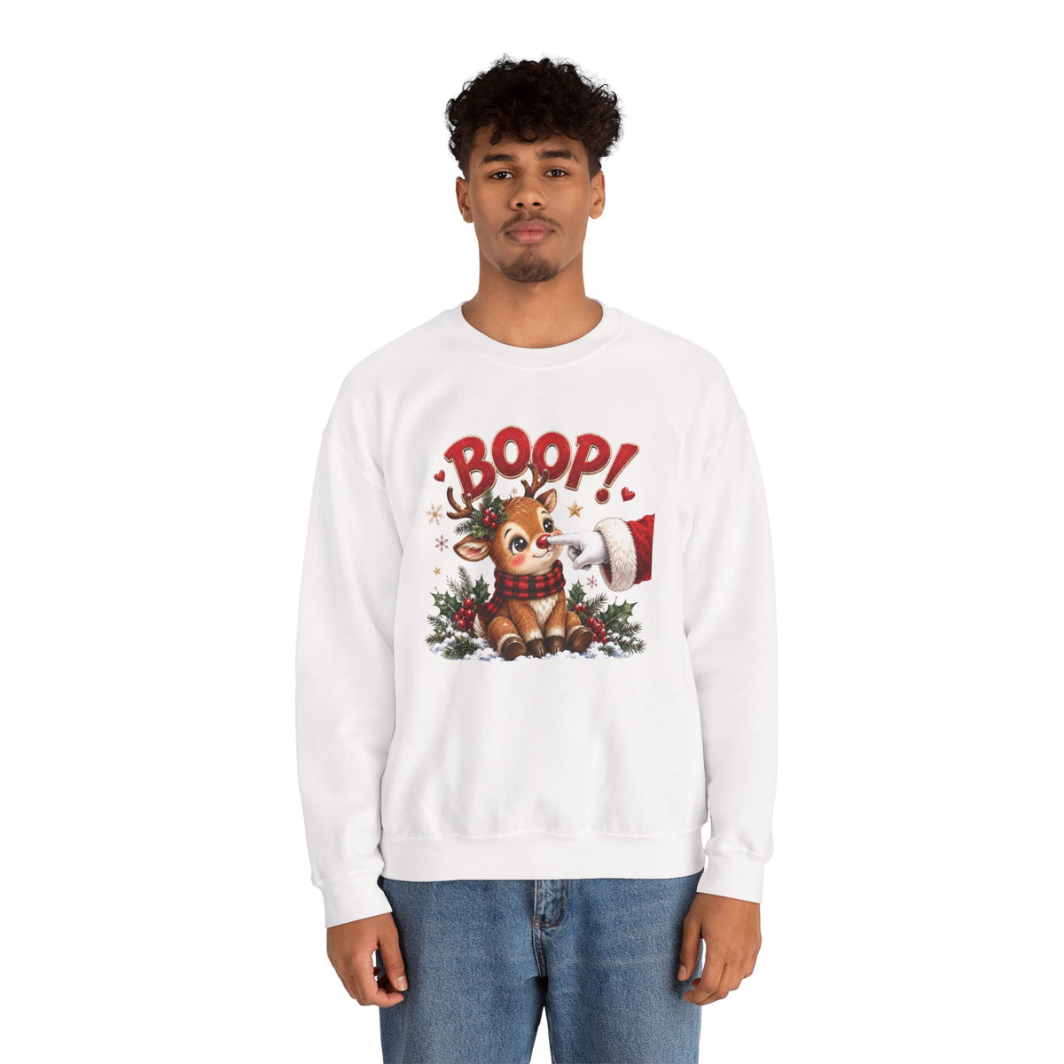 Model wearing the white Reindeer Boop Christmas Sweatshirt