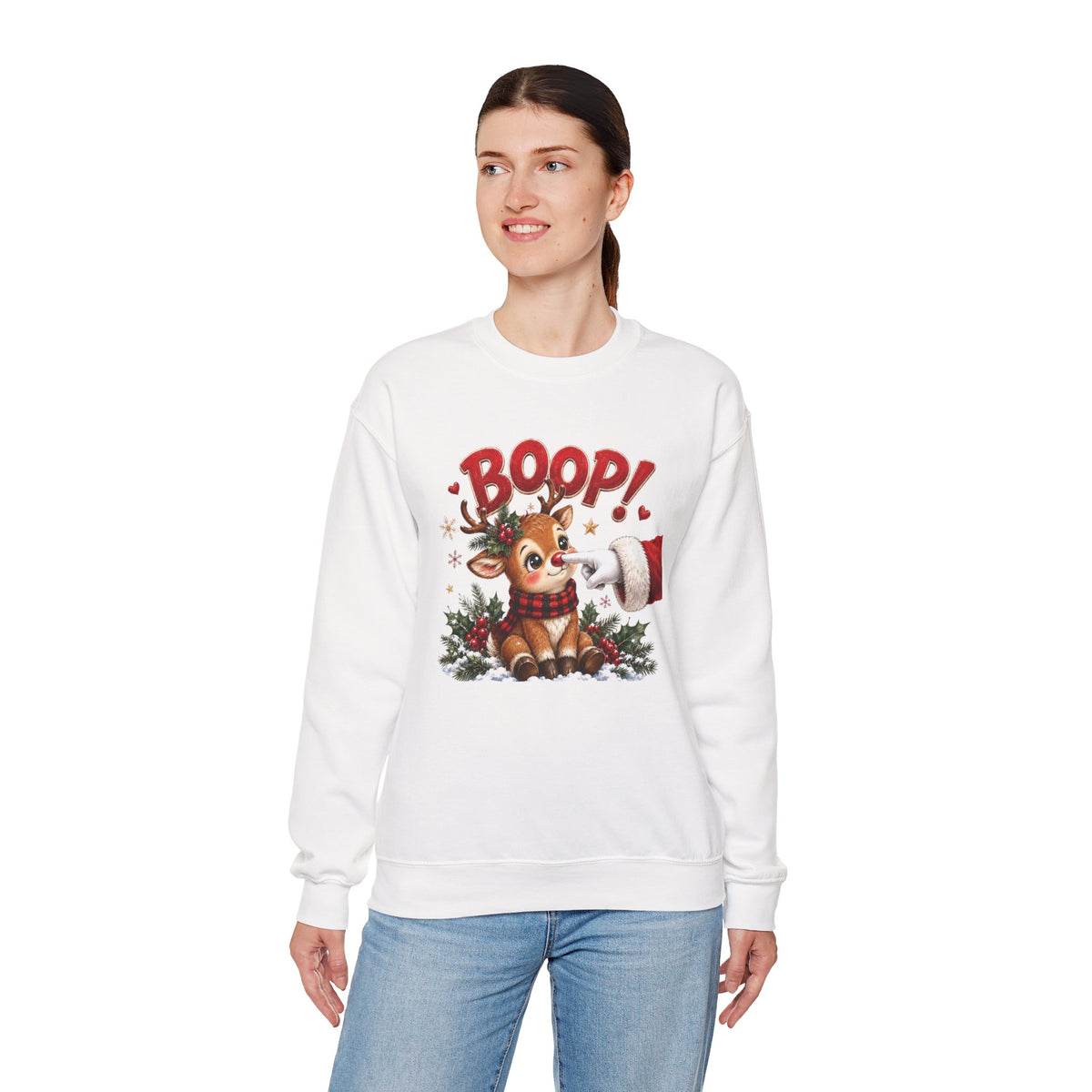 Model wearing the white Reindeer Boop Christmas Sweatshirt