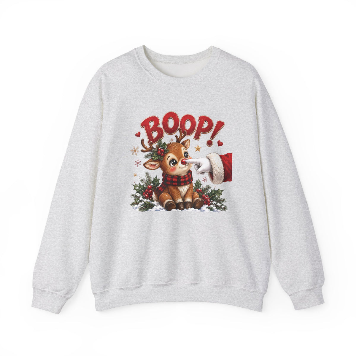 Ash Reindeer Boop Christmas sweatshirt with Santa booping the red nose of a cute baby reindeer, front view