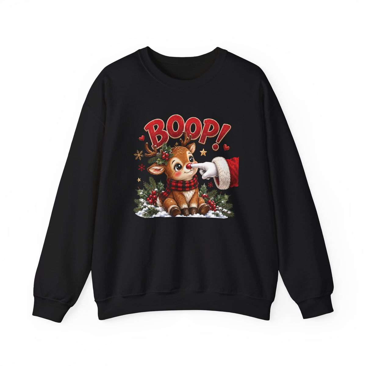 Black Reindeer Boop Christmas sweatshirt with Santa booping the red nose of a cute baby reindeer, front view