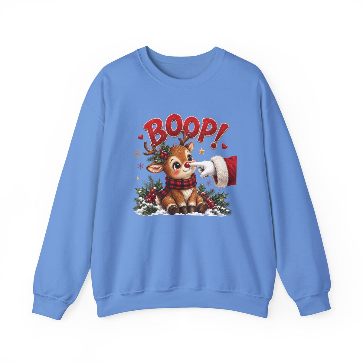 Carolina Blue Reindeer Boop Christmas sweatshirt with Santa booping the red nose of a cute baby reindeer, front view