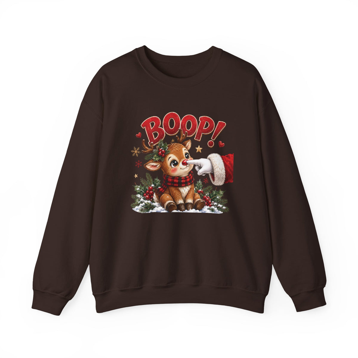 Dark Chocolate Reindeer Boop Christmas sweatshirt with Santa booping the red nose of a cute baby reindeer, front view