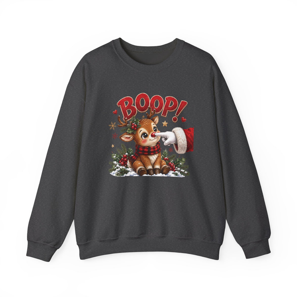 Dark Heather Reindeer Boop Christmas sweatshirt with Santa booping the red nose of a cute baby reindeer, front view